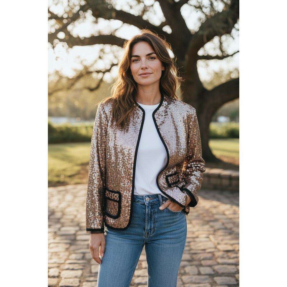 Chico’s Shyanne Sequin Cheetah Evening Event Holiday Jacket Black & Gold Size 1